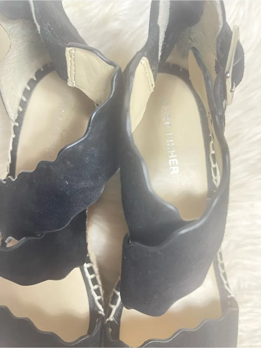 Marc Fisher leather suede Black Scalloped Strap Wedge platform Espadrilles SZ7.5